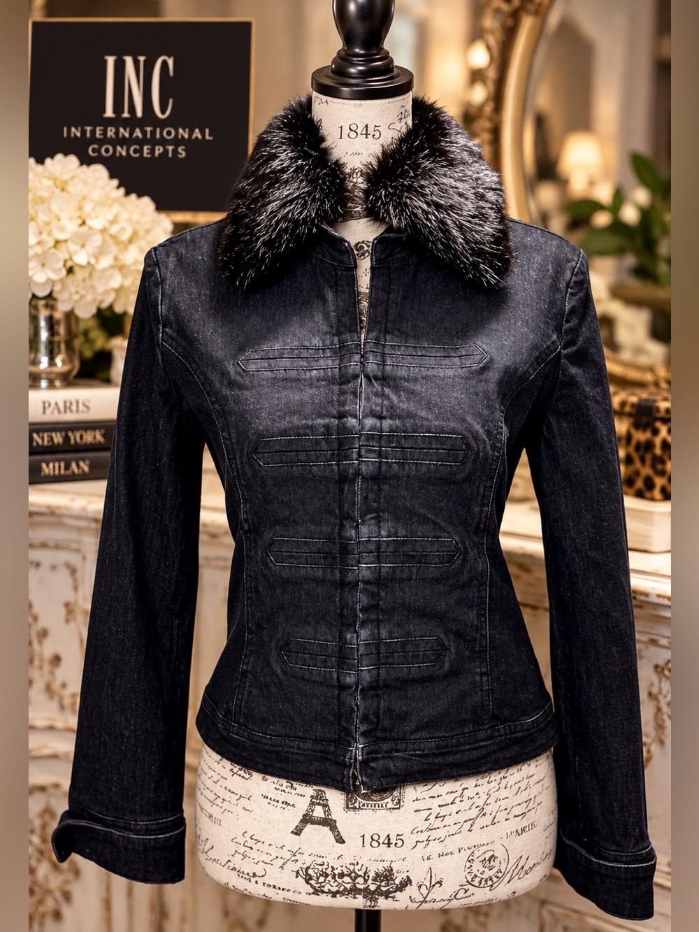 INC International Concepts Petite Small Black Denim Jacket Faux Fur Collar Y2K